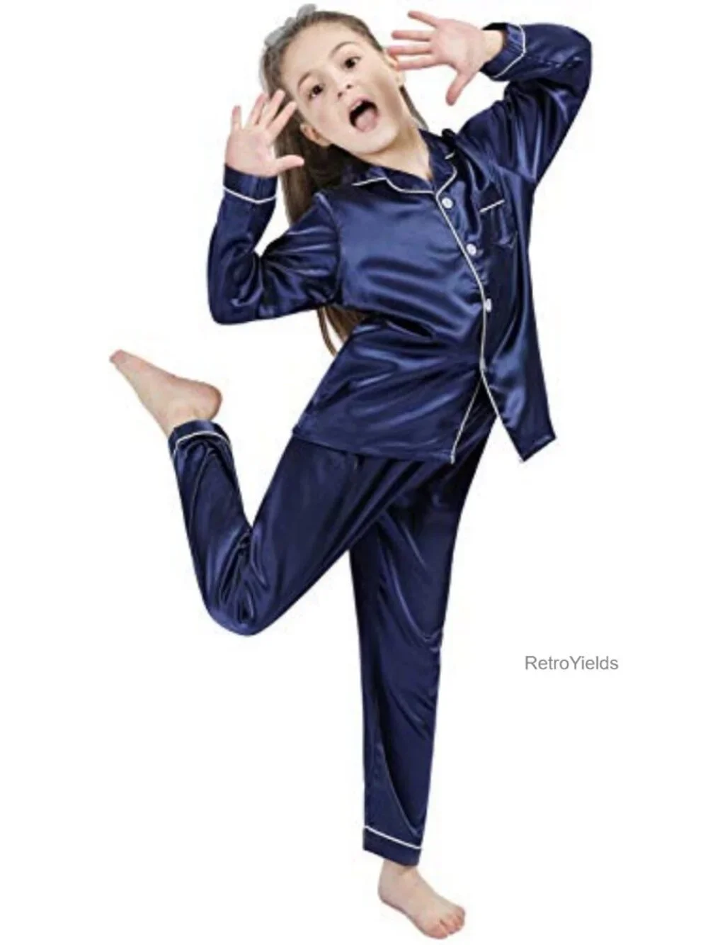 Kids Silk Satin Pajama Set Long Sleeve Button Down Loungewear Sleepwear PJS